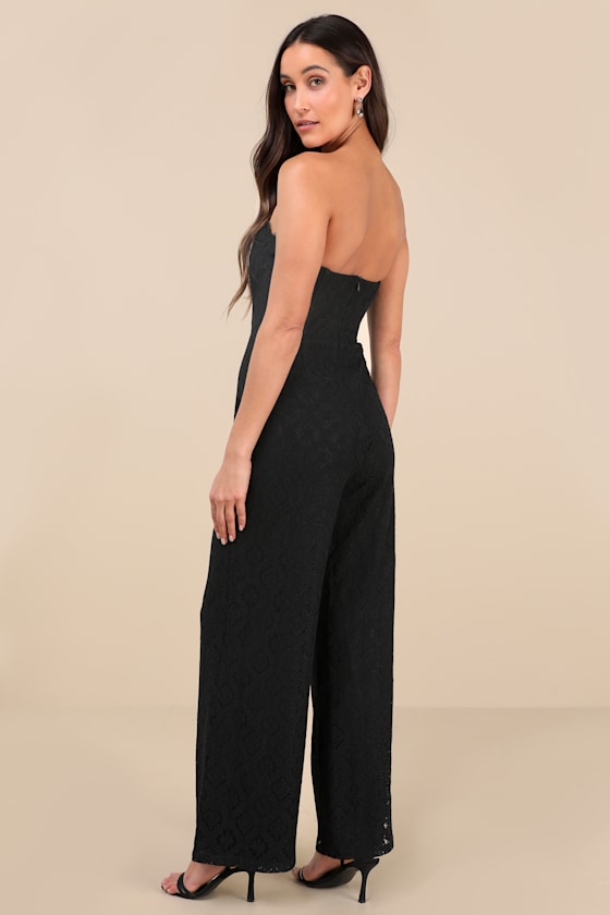Lulus Intriguing Elegance Black Lace Strapless Jumpsuit In Black