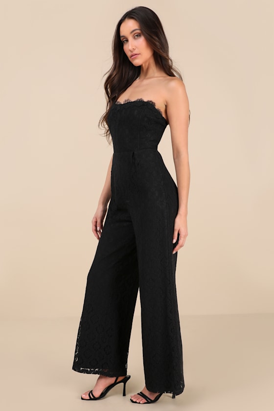 Lulus Intriguing Elegance Black Lace Strapless Jumpsuit In Black