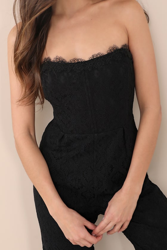 Lulus Intriguing Elegance Black Lace Strapless Jumpsuit In Black