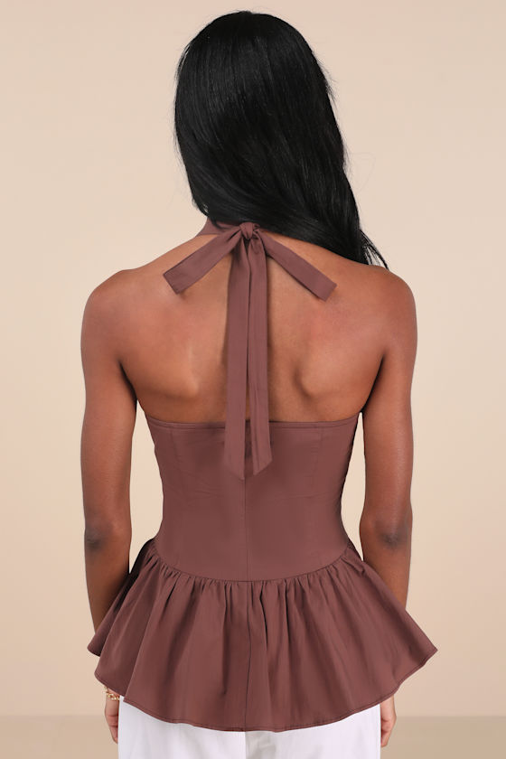 Brown Halter Top - Ruffled Peplum Top - Backless Basque Waist Top - Lulus