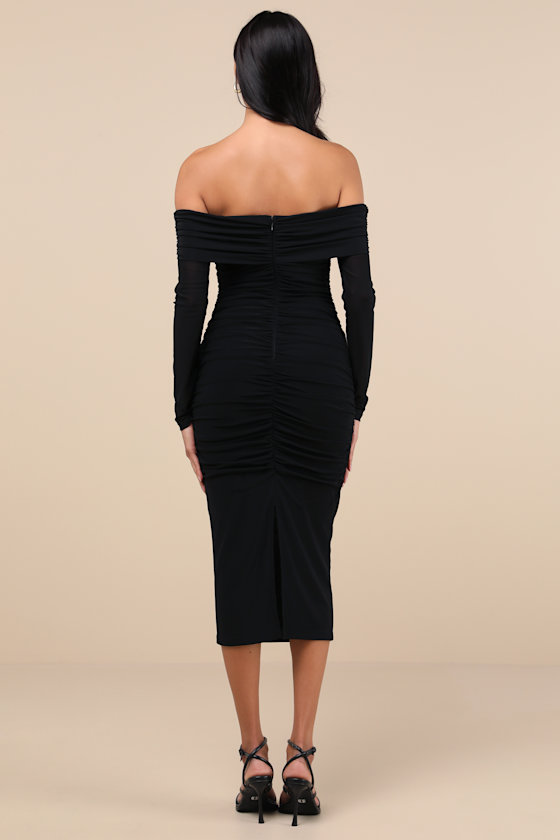 Shop Lulus Valda Black Mesh Ruched Off-the-shoulder Midi Dress