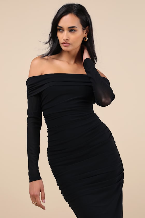 Shop Lulus Valda Black Mesh Ruched Off-the-shoulder Midi Dress