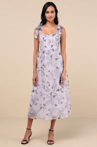 Prettiest Invite Lavender Floral Organza Tie-Strap Midi Dress