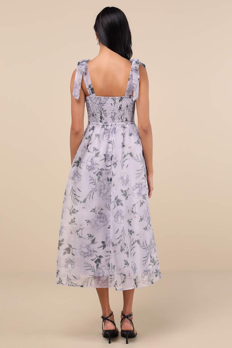 Prettiest Invite Lavender Floral Organza Tie-Strap Midi Dress