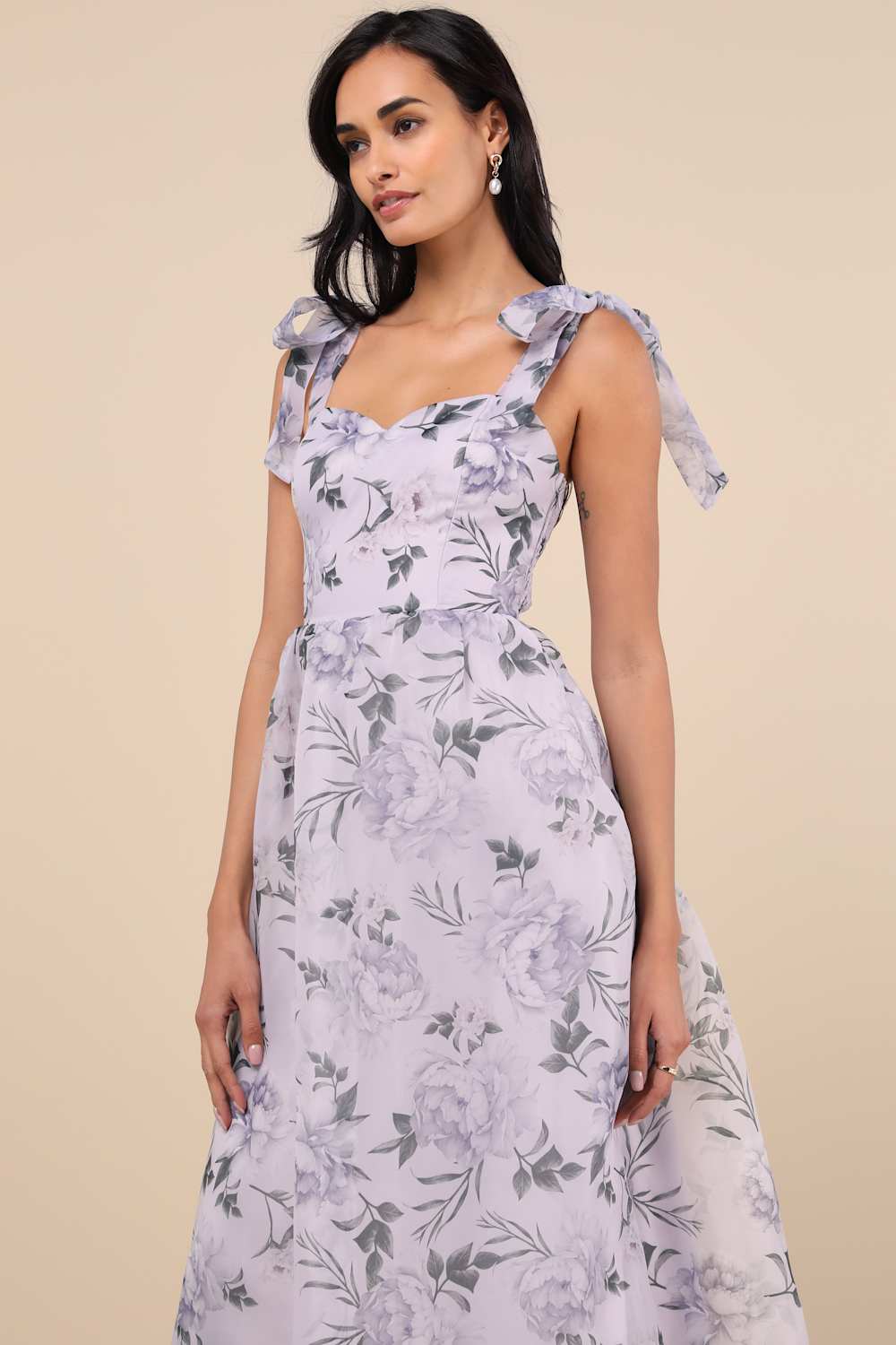 Prettiest Invite Lavender Floral Organza Tie-Strap Midi Dress