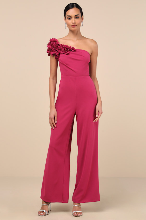 Image of Damara Magenta Floral Applique One-Shoulder Jumpsuit