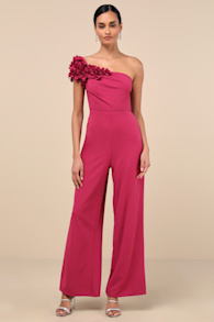 Damara Magenta Floral Applique One-Shoulder Jumpsuit