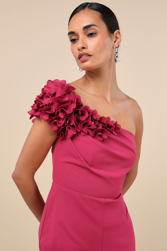 Lulus Damara Magenta Floral Applique One-shoulder Jumpsuit In Magenta
