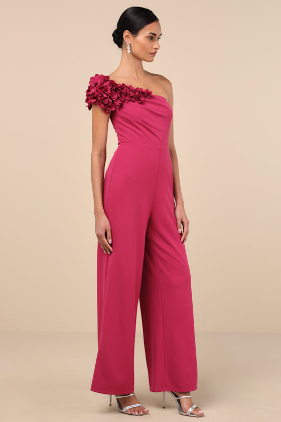 Lulus Damara Magenta Floral Applique One-shoulder Jumpsuit In Magenta