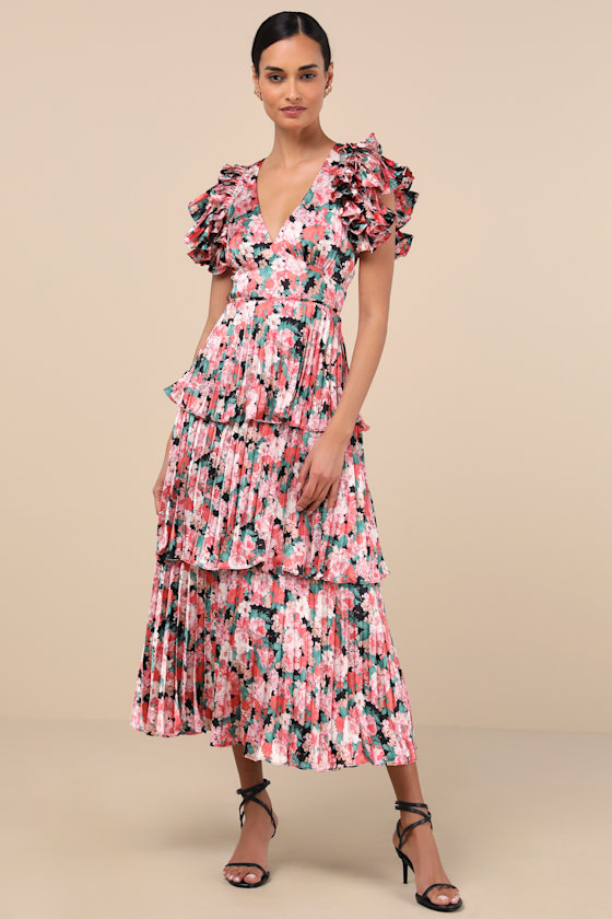 Lulus Stunning Desire Pink Floral Satin Pleated Tiered Midi Dress In Pink