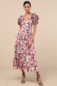 Stunning Desire Pink Floral Satin Pleated Tiered Midi Dress 1