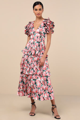 Stunning Desire Pink Floral Satin Pleated Tiered Midi Dress 1