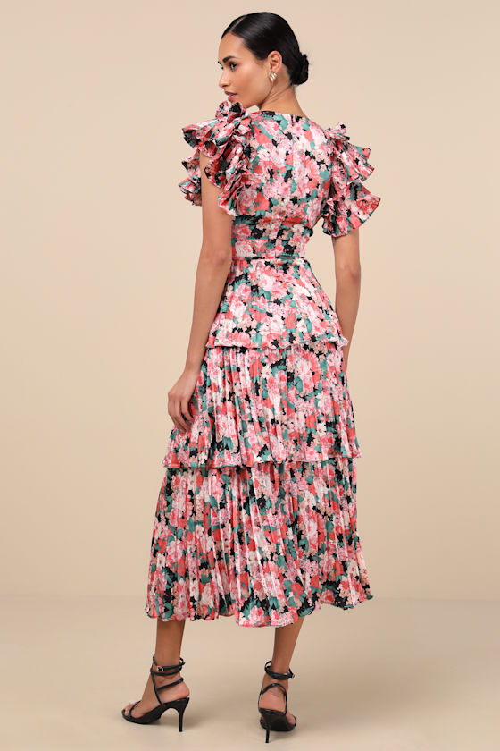 Stunning Desire Pink Floral Satin Pleated Tiered Midi Dress 4
