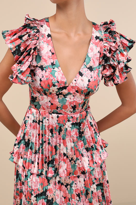 Lulus Stunning Desire Pink Floral Satin Pleated Tiered Midi Dress In Pink
