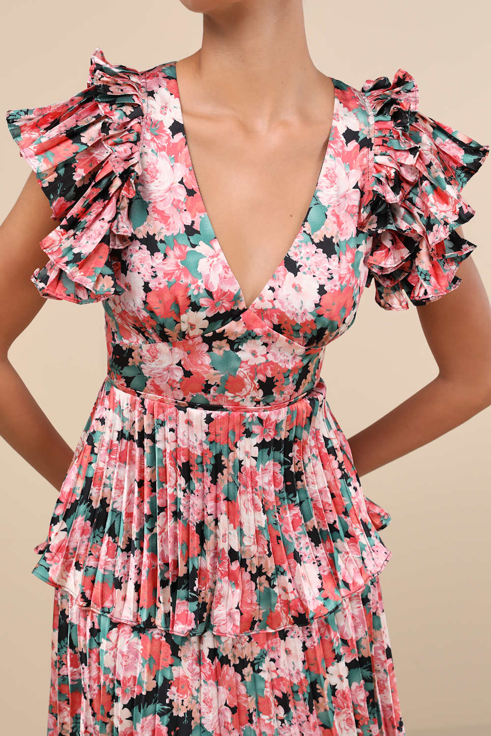 Stunning Desire Pink Floral Satin Pleated Tiered Midi Dress