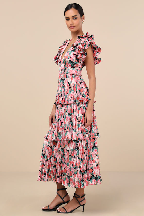 Lulus Stunning Desire Pink Floral Satin Pleated Tiered Midi Dress In Pink