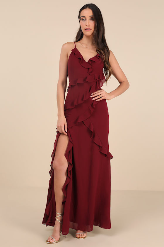 Lulus Fancy Sweetness Wine Red Ruffled Lace-up Sleeveless Maxi Dress In Wine Red