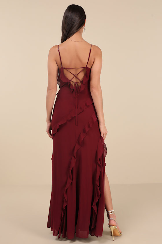 Fancy Sweetness Wine Red Ruffled Lace-Up Sleeveless Maxi Dress 4