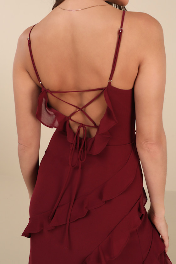 Lulus Fancy Sweetness Wine Red Ruffled Lace-up Sleeveless Maxi Dress In Wine Red
