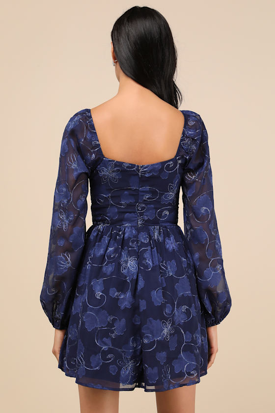 Lulus Decadent Charisma Navy Floral Embroidered Bustier Mini Dress In Navy