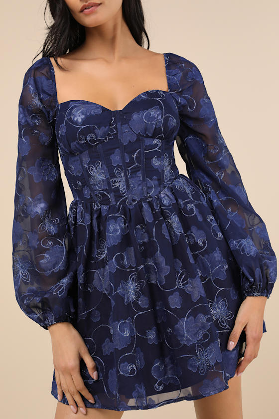 Lulus Decadent Charisma Navy Floral Embroidered Bustier Mini Dress In Navy