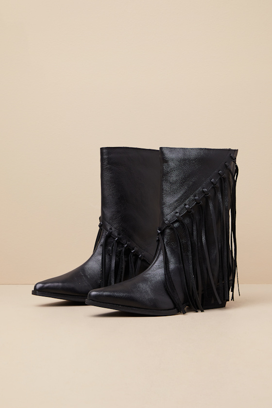 Matisse Buck Black Leather Fringe Mid-calf Western Boots In Black