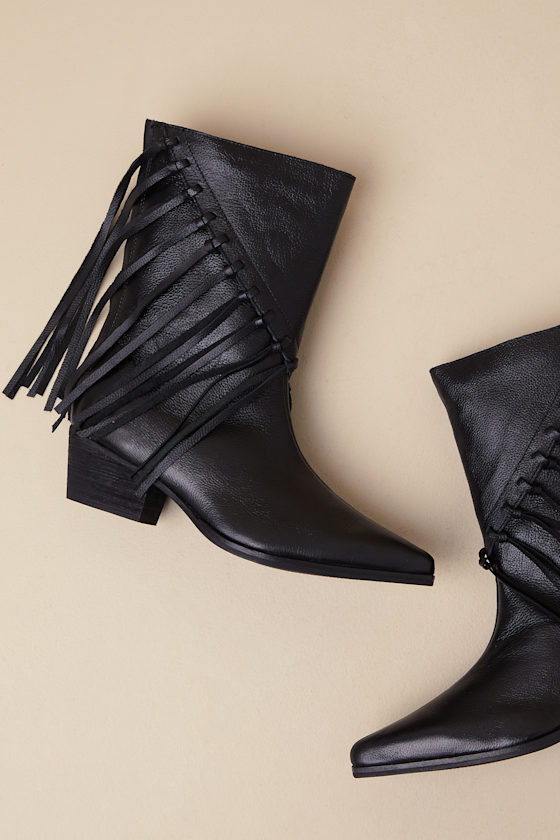 Matisse Buck Black Leather Fringe Mid-calf Western Boots In Black