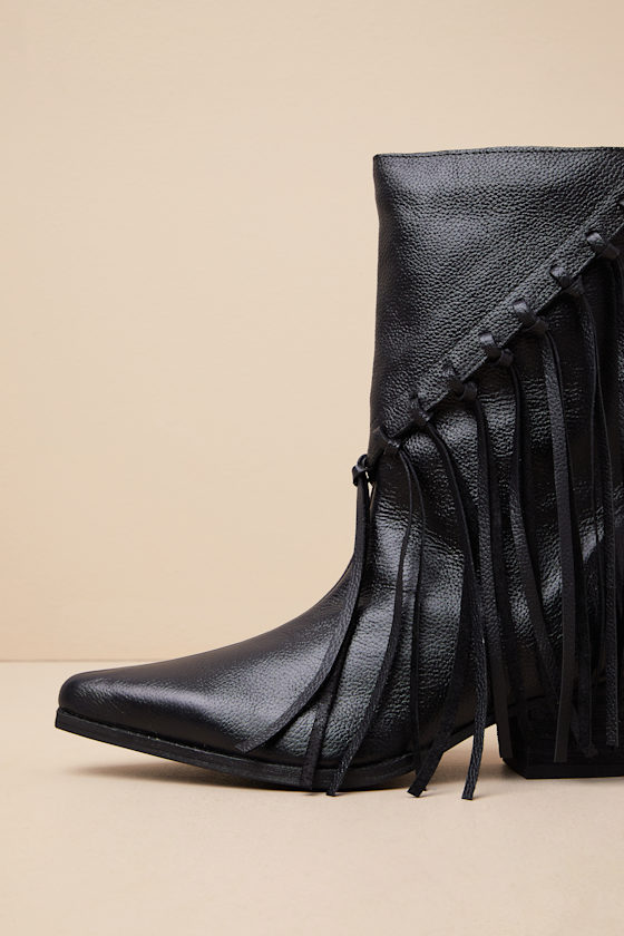 Matisse Buck Black Leather Fringe Mid-calf Western Boots In Black