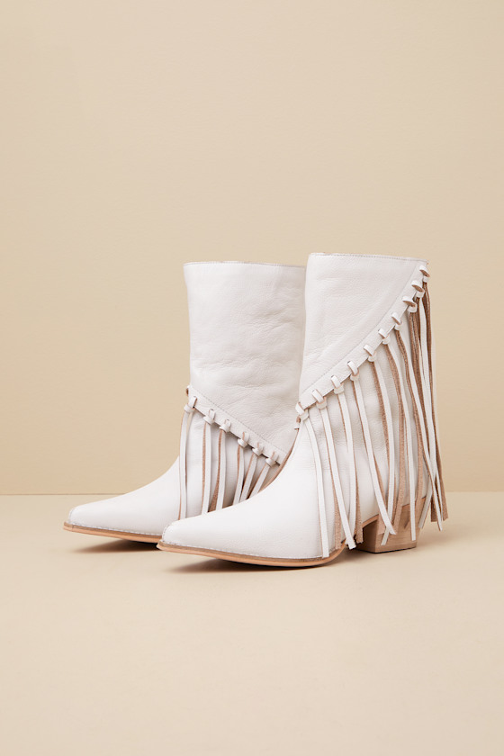 Buck White Leather Fringe Mid-Calf Western Boots 1