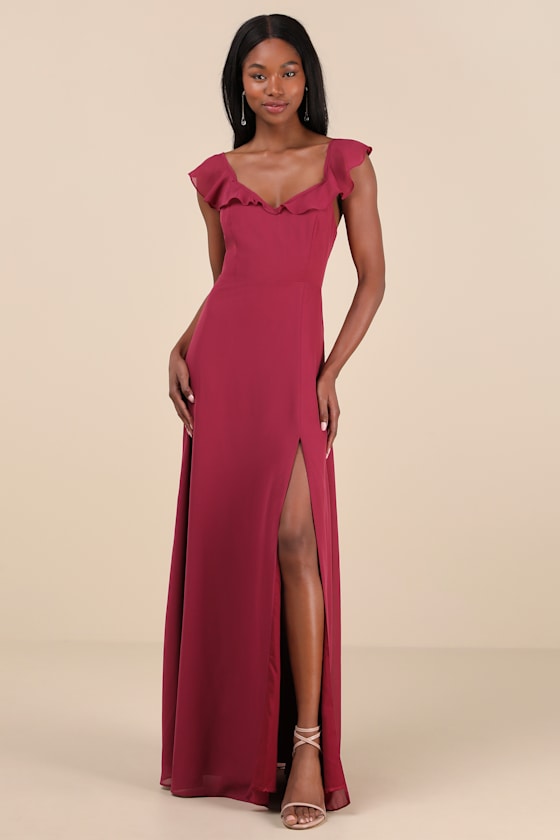 Lulus Sweetest Entrance Dark Magenta Ruffled Tie-back Maxi Dress In Magenta