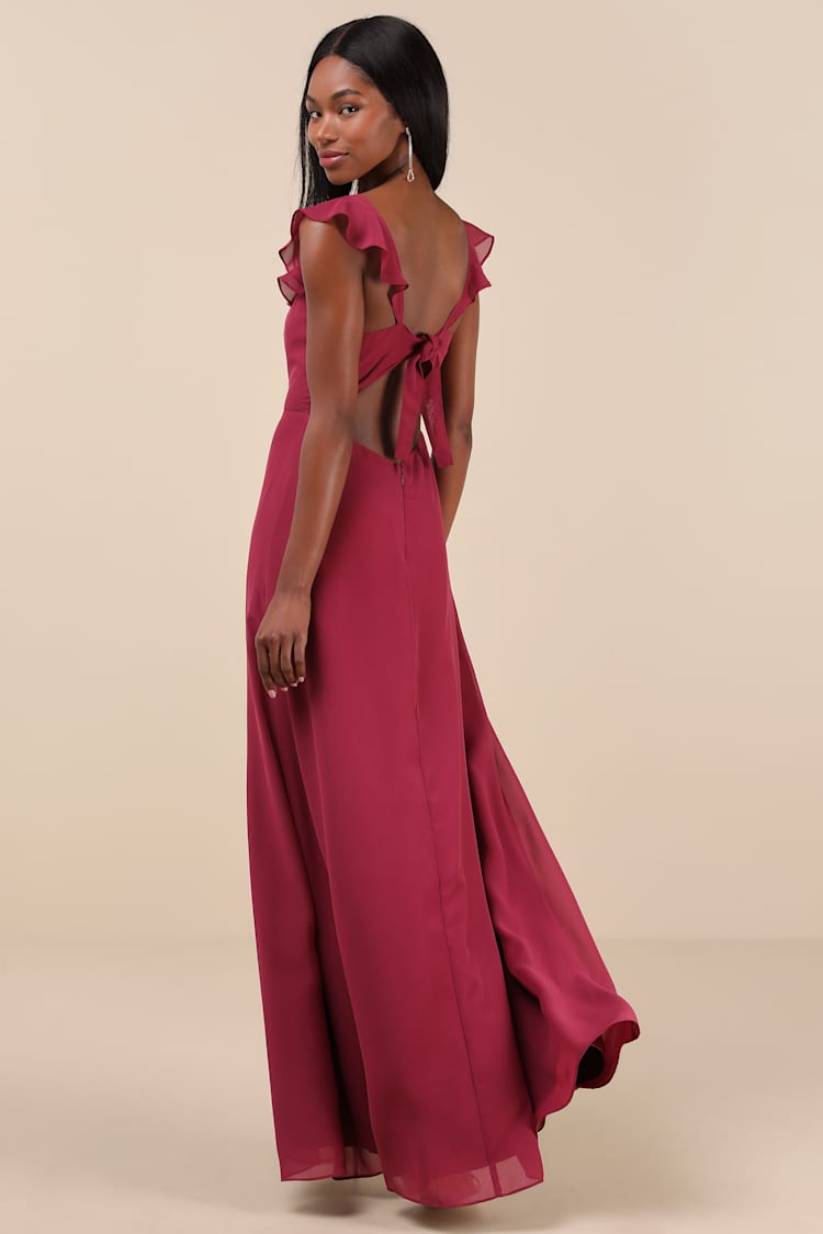 Sweetest Entrance Dark Magenta Ruffled Tie-Back Maxi Dress