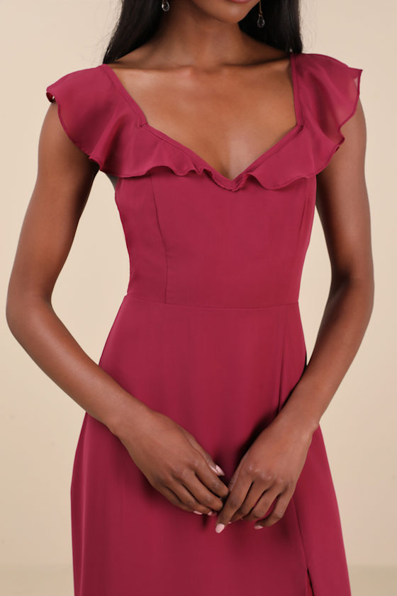 Lulus Sweetest Entrance Dark Magenta Ruffled Tie-back Maxi Dress In Magenta
