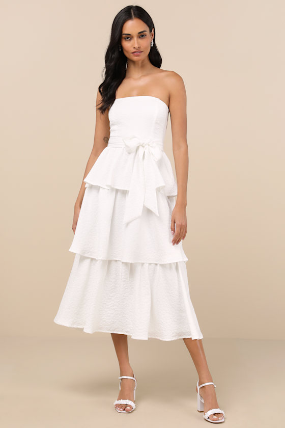Truly Marvelous White Jacquard Strapless Tiered Midi Dress 2