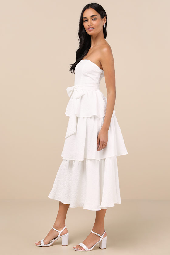 Truly Marvelous White Jacquard Strapless Tiered Midi Dress 3