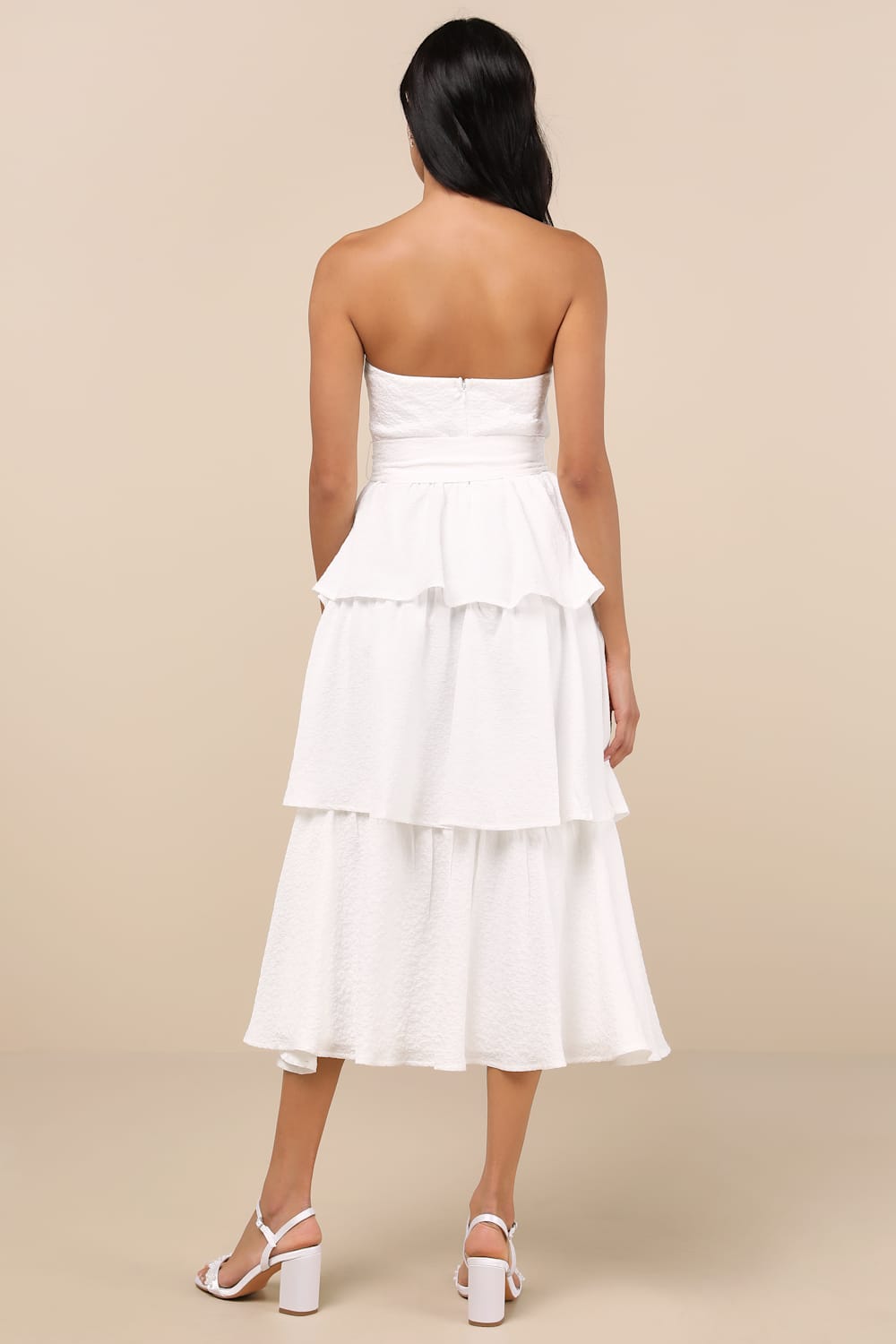 Truly Marvelous White Jacquard Strapless Tiered Midi Dress