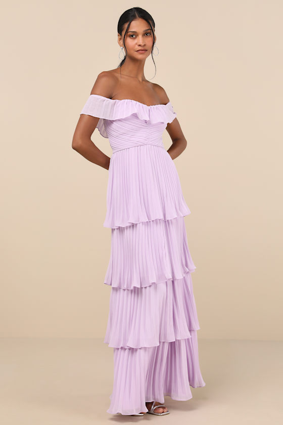 Lulus Always Remarkable Lavender Pleated Off-the-shoulder Maxi Dress In Purple