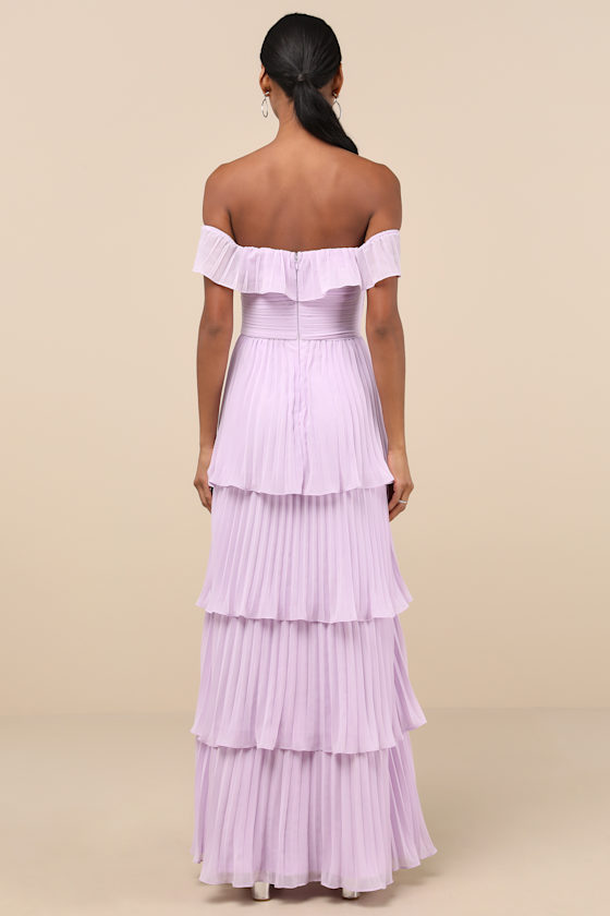 Lulus Always Remarkable Lavender Pleated Off-the-shoulder Maxi Dress In Purple