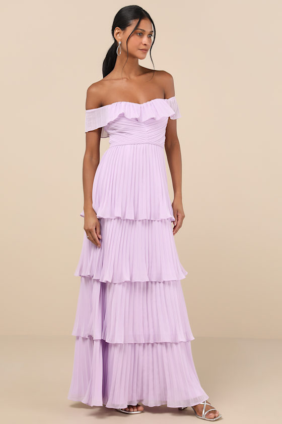 Lulus Always Remarkable Lavender Pleated Off-the-shoulder Maxi Dress In Purple