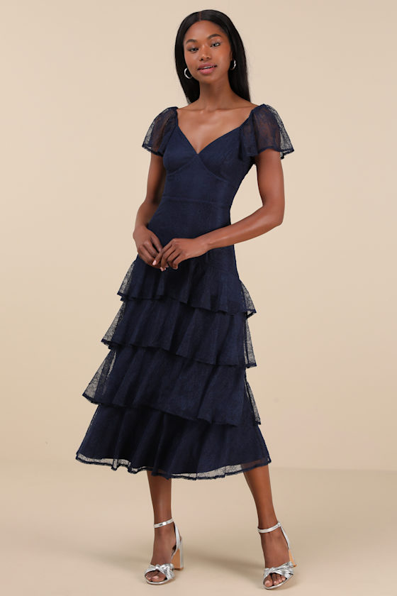 LULUS GRACEFUL DARLING NAVY LACE FLUTTER SLEEVE TIERED MIDI DRESS 