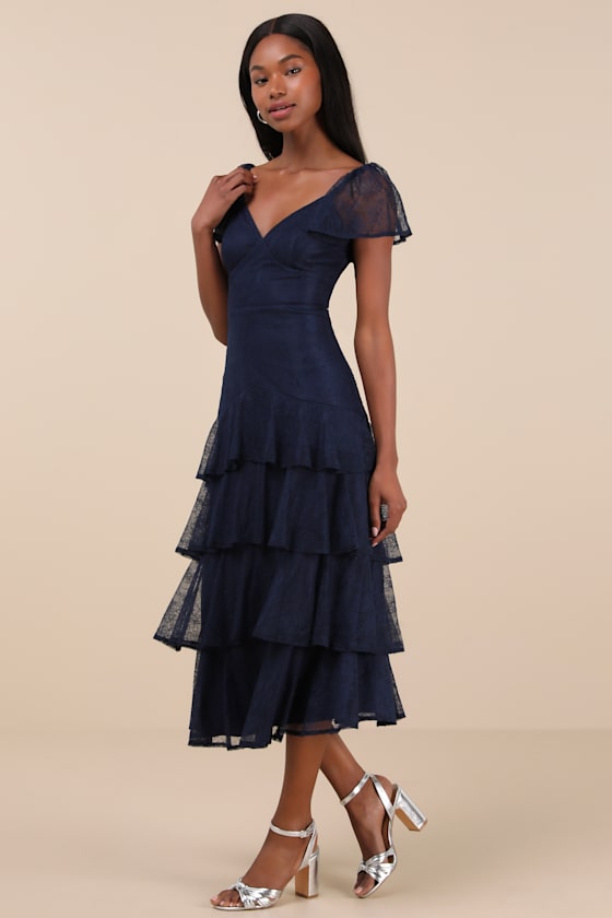 LULUS GRACEFUL DARLING NAVY LACE FLUTTER SLEEVE TIERED MIDI DRESS 