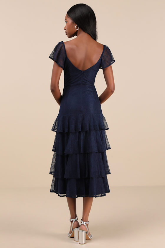 LULUS GRACEFUL DARLING NAVY LACE FLUTTER SLEEVE TIERED MIDI DRESS 