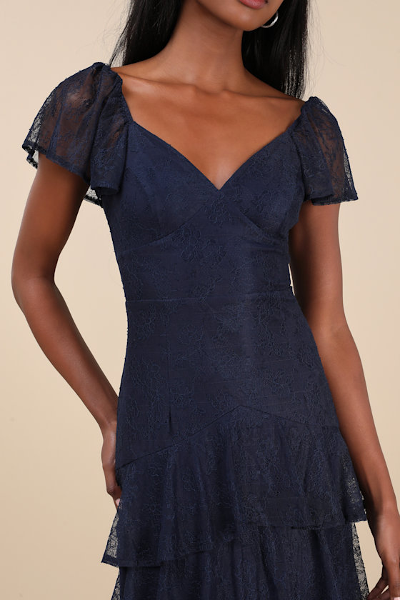 LULUS GRACEFUL DARLING NAVY LACE FLUTTER SLEEVE TIERED MIDI DRESS 