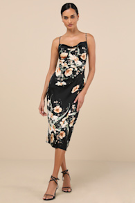 Sunny Blossom Black Floral Print Satin Cowl Neck Midi Dress