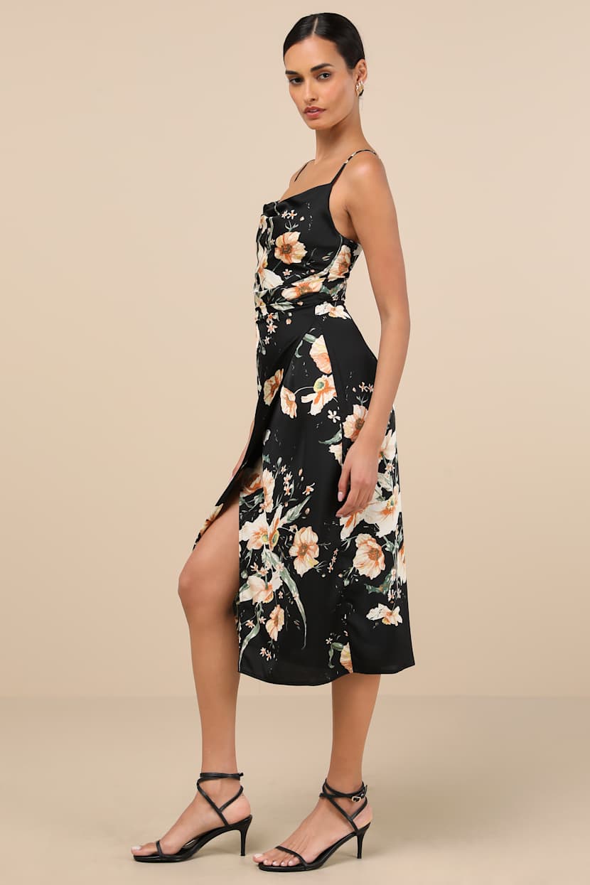Sunny Blossom Black Floral Print Satin Cowl Neck Midi Dress