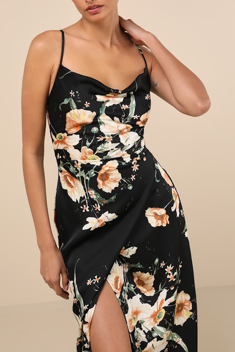 Sunny Blossom Black Floral Print Satin Cowl Neck Midi Dress