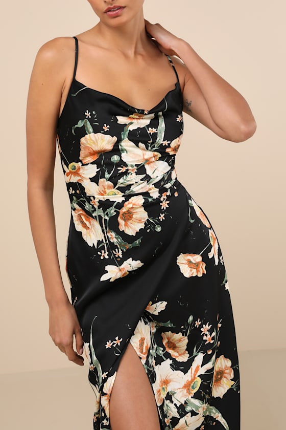 Sunny Blossom Black Floral Print Satin Cowl Neck Midi Dress 1
