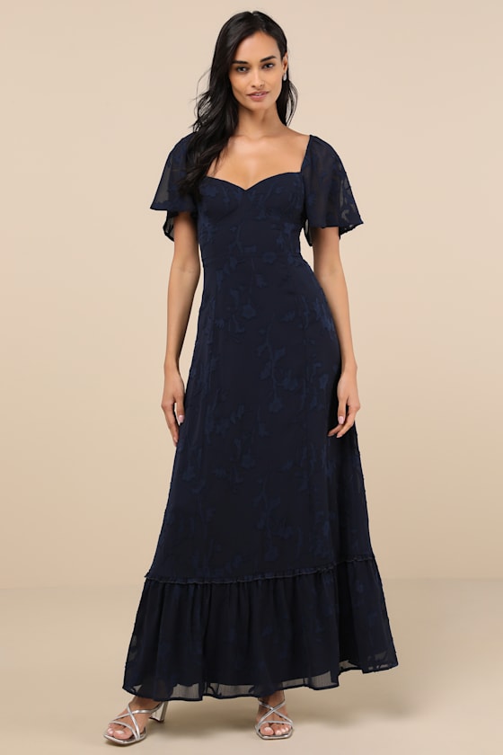 Tailor Made For You Dark Navy Jacquard Lace-Up Maxi Dress