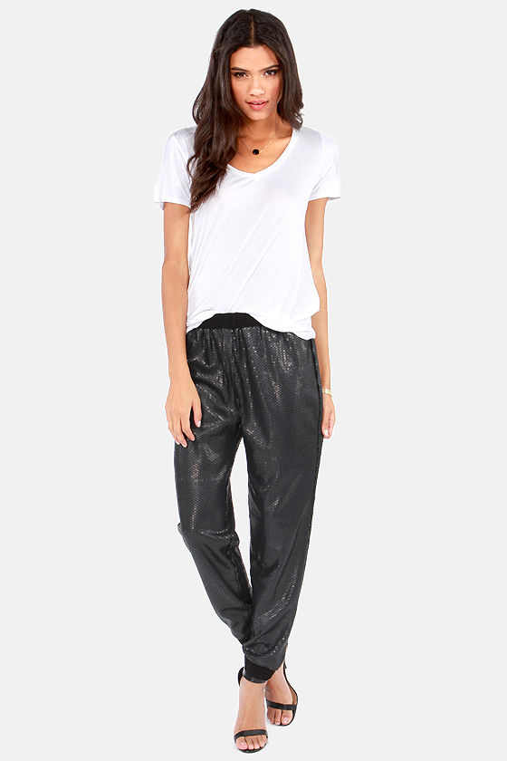 black pants with sequin stripe