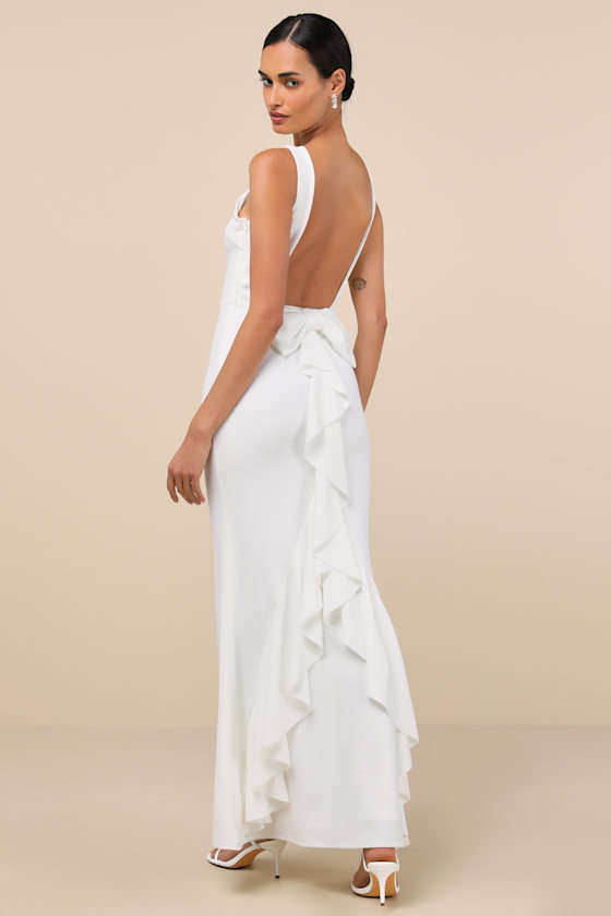 Lulus Exquisite Refinement Ivory Backless Bow Ruffled Maxi Dress In Ivory