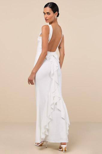 Exquisite Refinement Ivory Backless Bow Ruffled Maxi Dress